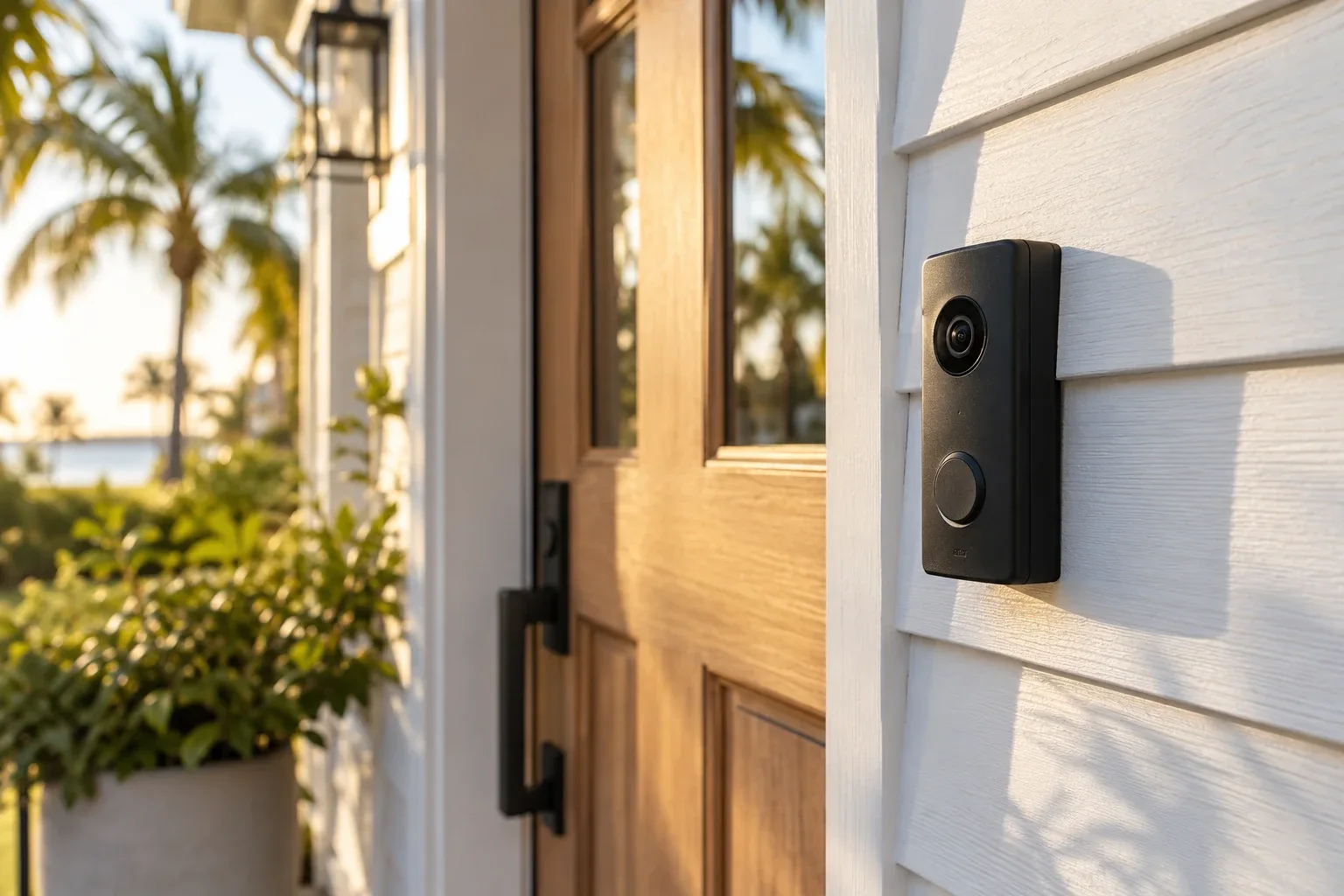 A discreet video doorbell at a coastal home's front door