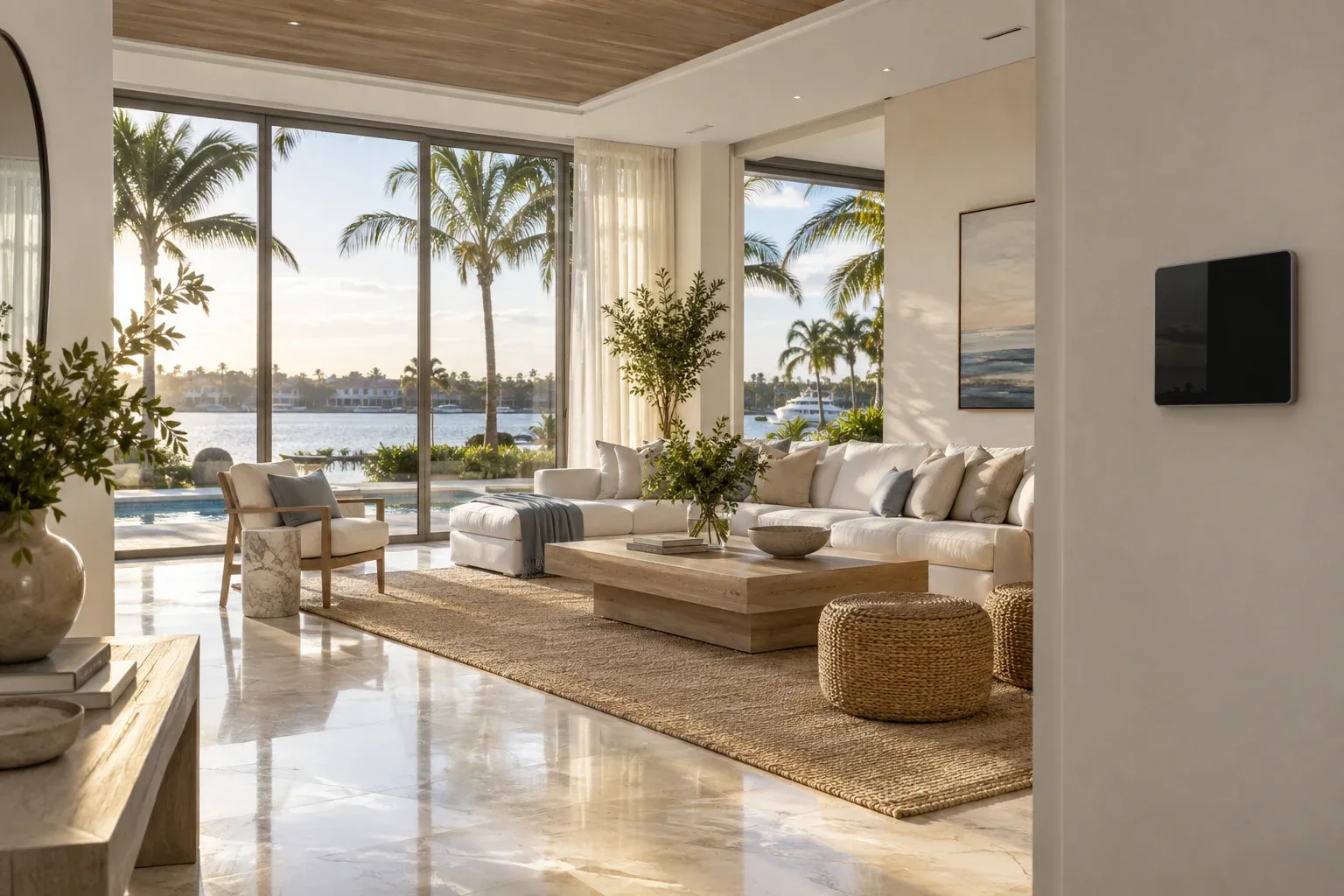 An airy coastal living room with a discreet wall-mounted security control panel