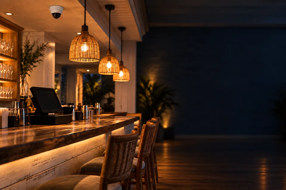 A ceiling camera over a restaurant bar and register