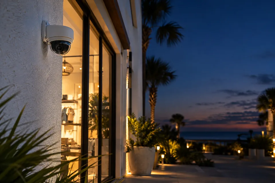 A security camera on a coastal storefront at dusk