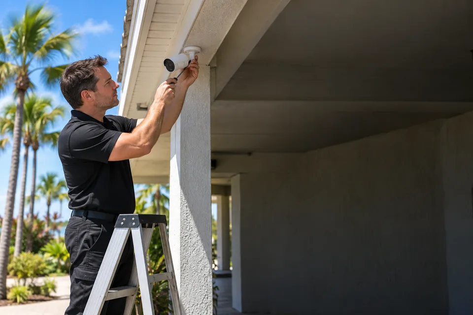A technician installing a camera under a restaurant eave