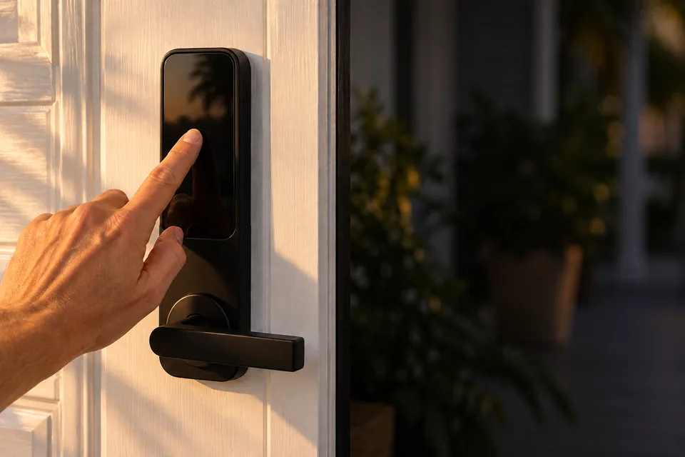 A hand entering a code on a smart lock